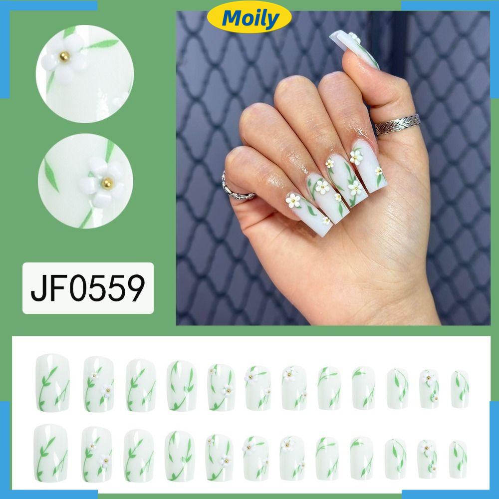 Bộ 24 Móng Tay Giả Họa Tiết Hoa Trắng Dạng Nhấn Có Thể Tháo Rời DIY