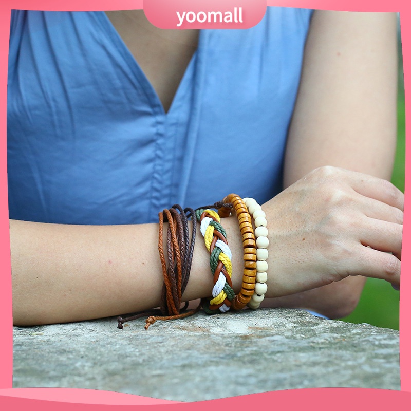 [YM] Bộ Bốn Mảnh Dây Da Dệt Tay Phong Cách Retro Đơn Giản diy