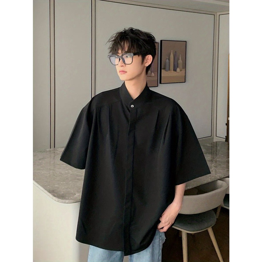 Áo Sơ Mi Tay Ngắn Cổ Đứng Dáng Rộng Phong Cách Đường Phố Thời Trang Mùa Hè Cho Nam
