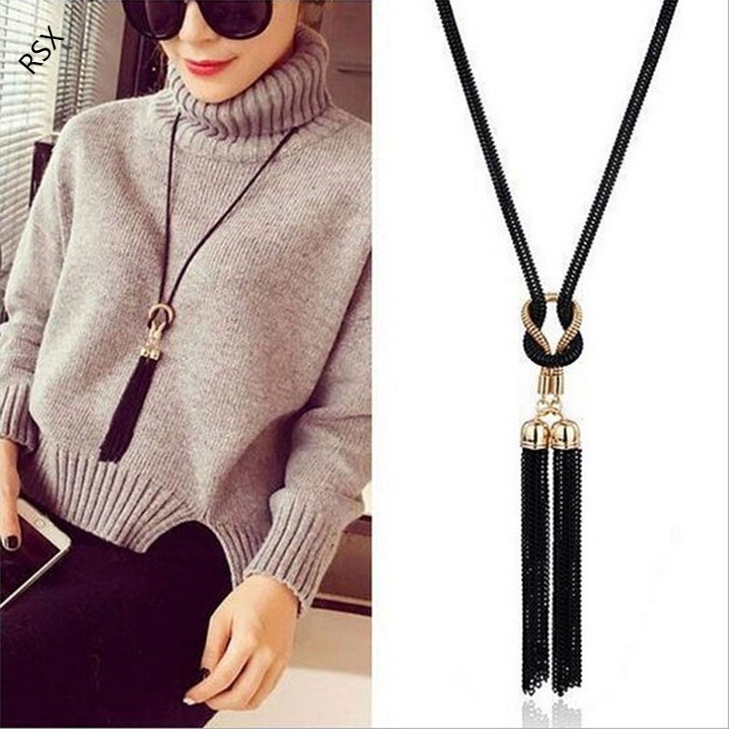 Phụ nữ thời trang thắt nút mặt dây chuyền sang trọng retro chuỗi dài tua vòng cổ áo len