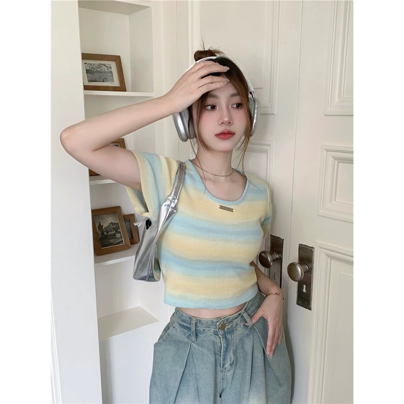 Áo Thun Ngắn Tay Dáng Ôm Họa Tiết Kẻ Sọc Thời Trang Mùa Hè Phong Cách Hàn Quốc Cho Nữ