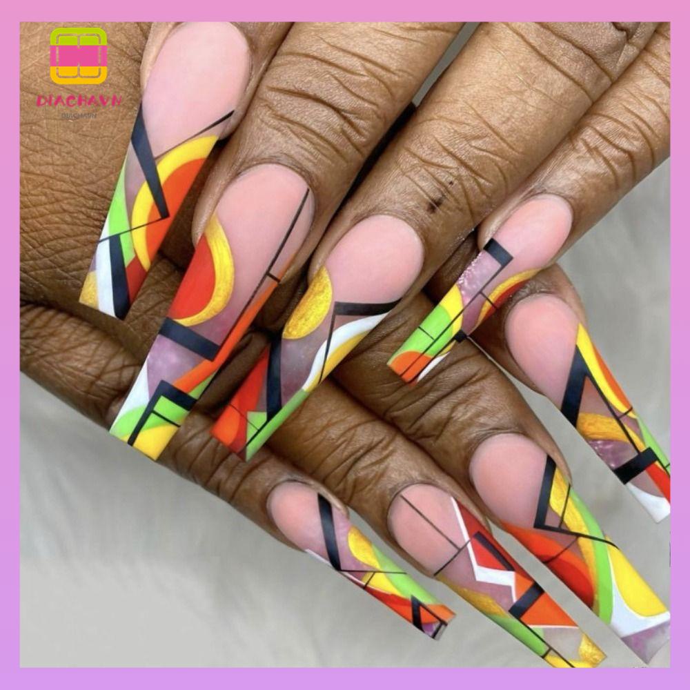 DIACHAVN Bộ Móng Tay Giả Che Phủ Toàn Diện Tháo Rời Được Họa Tiết Kẻ Sọc