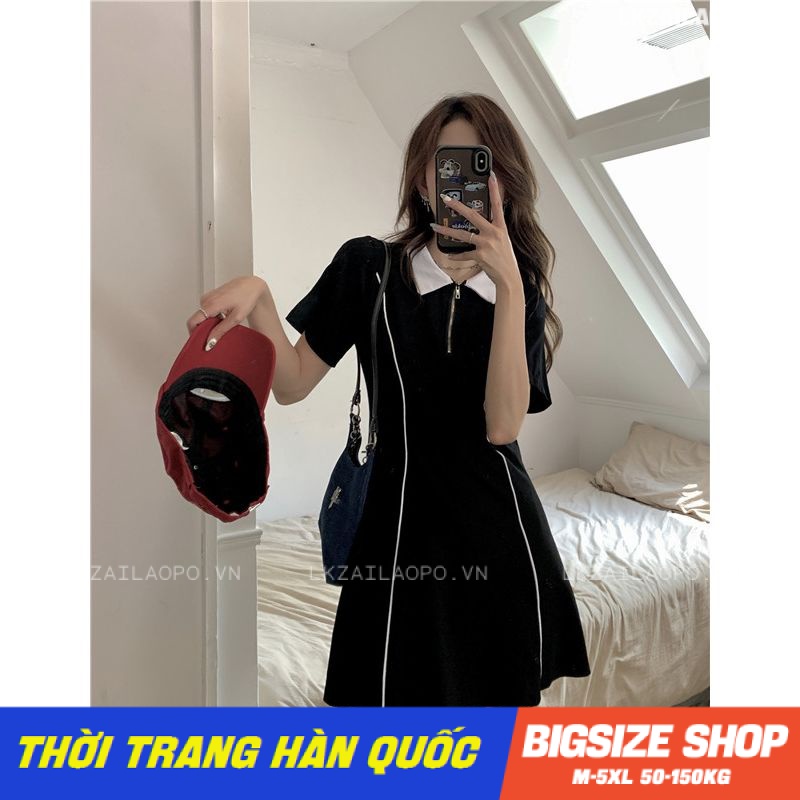 Đầm polo Bigsize Váy nữ dáng suông tay ngắn có cổ chữ a đen mùa hè Phong cách Hàn Quốc Thời Trang tiểu thư cá tính xinh đẹp cho người mập béo
