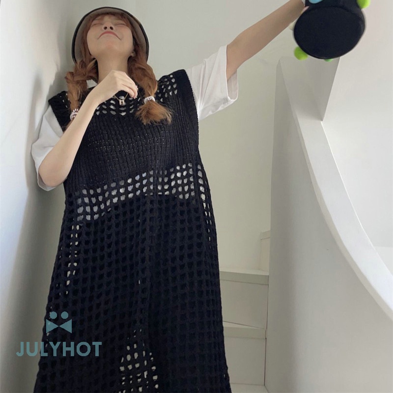 Đầm dệt kim không tay đường phố cao ngầu Đầm Vest xẻ rộng Đầm dài khoét lỗ cho nữ VN