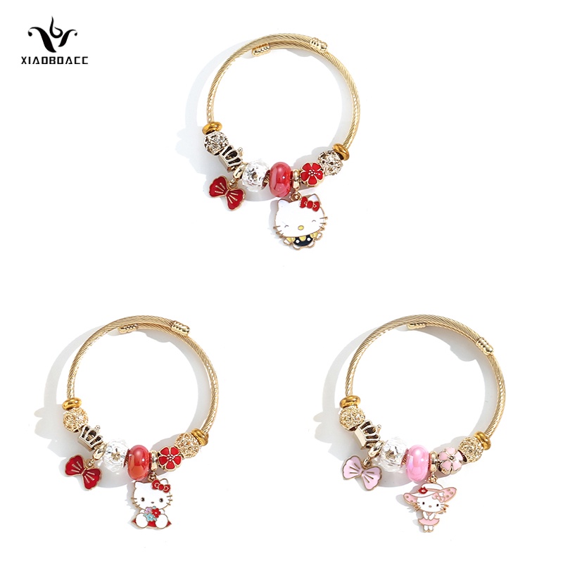 XiaoboACC Vòng Tay Hạt Charm Bằng Thép Không Gỉ Hình Mèo Hoạt Hình Dễ Thương Thời Trang Cho Nữ