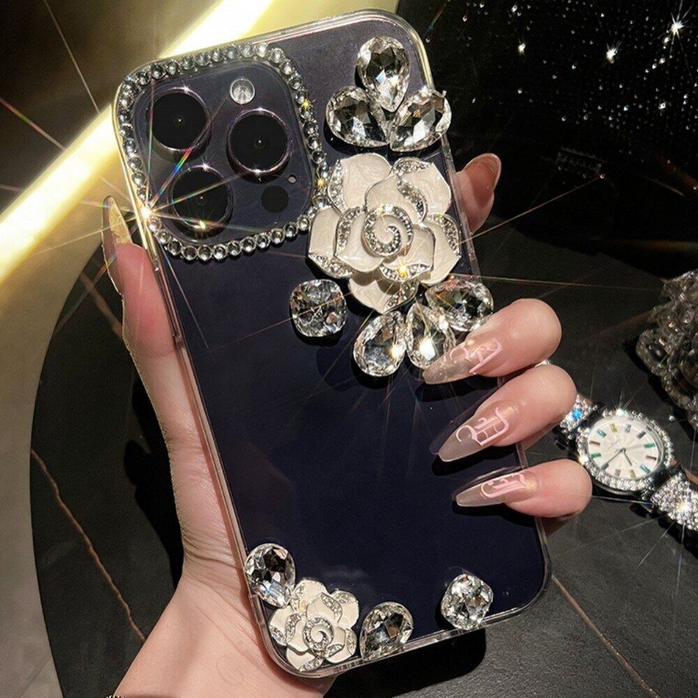 Ốp Điện Thoại Hình Hoa Trà 3D Đính Pha Lê Cho iphone 14 13 12 11 Pro Max X XS XR 7 8 Plus SE