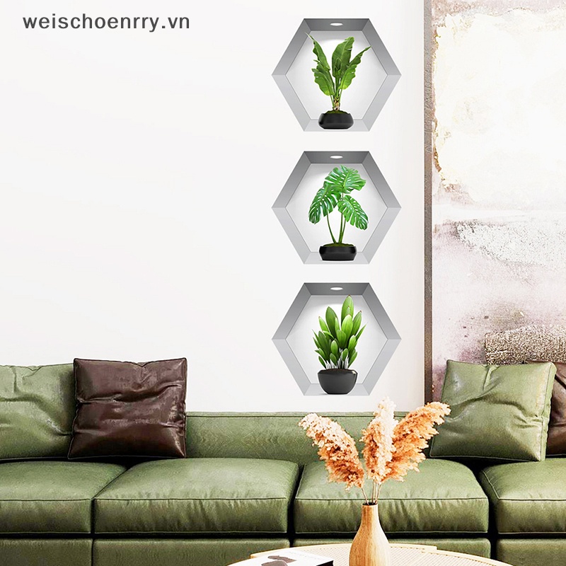 Set 3 Giấy Dán Tường 3D Hình Chậu Cây Trang Trí Phòng Khách