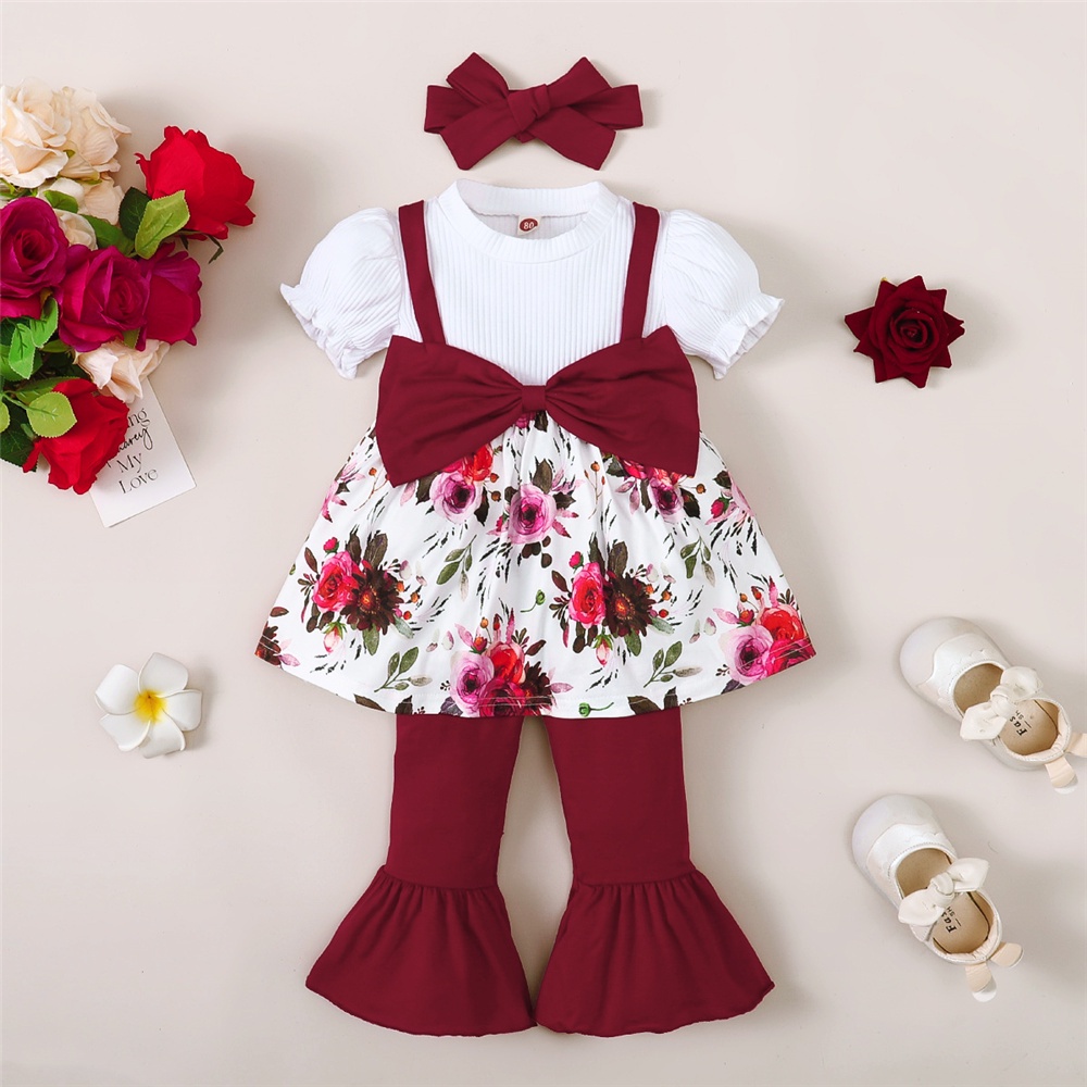 Bộ đồ ba món MIKRDOO gồm áo ngắn tay in hoa + quần đỏ + băng đô đáng yêu thời trang thường ngày cho bé gái 1-4 tuổi
