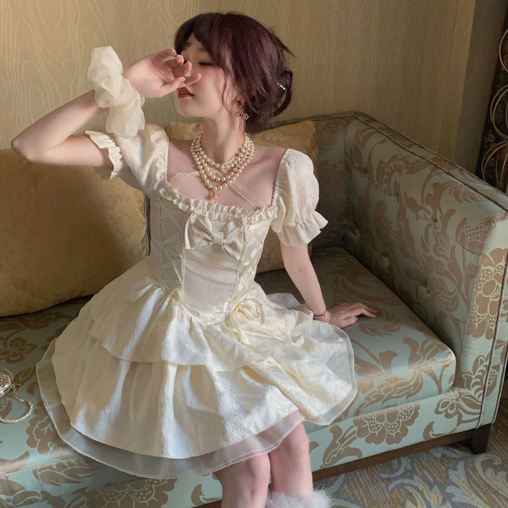 First Love Váy Ngắn Thắt Dây Phong Cách Công Chúa Sang Trọng Phong Cách Mới Mùa Hè