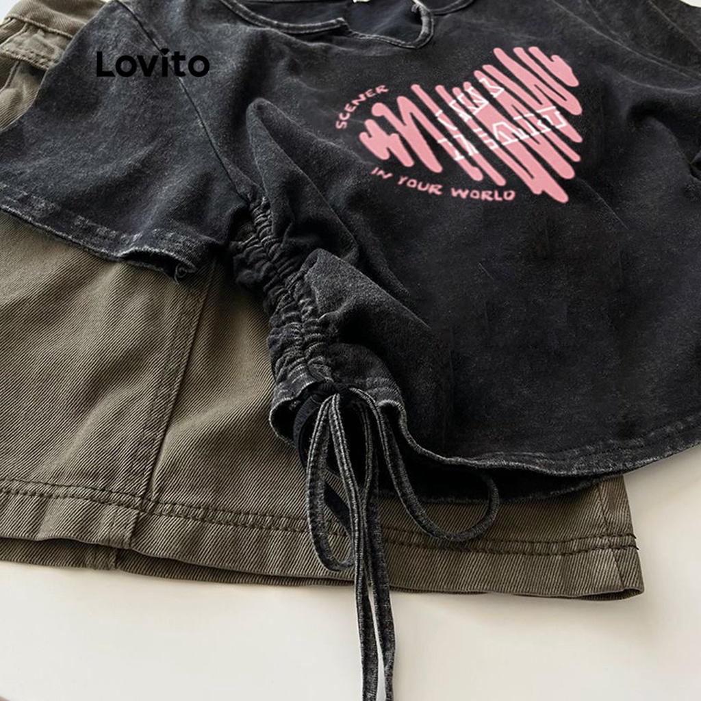 Áo thun Lovito giản dị họa tiết hình trái tim có dây rút cho nữ LNA11144