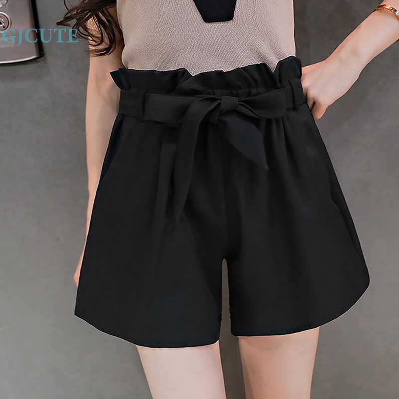 Quần Short Nữ Ống Rộng Lưng Cao Màu Trơn Cột Nơ Dễ Thương