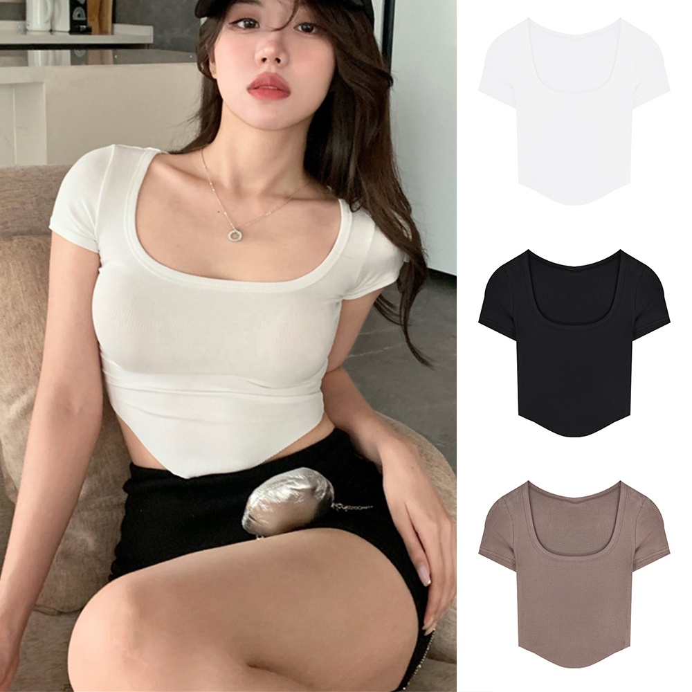 Áo Croptop Tay Ngắn Màu Trơn Thời Trang Hàn Quốc Cho Nữ