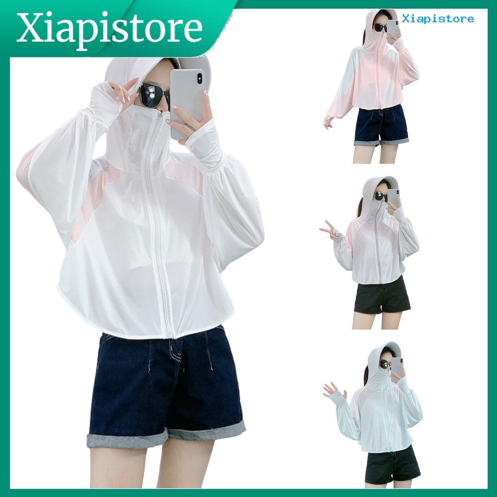 [XI] Áo Khoác Chống Nắng Tay Dài Cổ Đứng Chắp Vá Lỗ Bằng Lụa Lạnh Siêu Mỏng Có Mũ Rộng Vành Cho Nữ