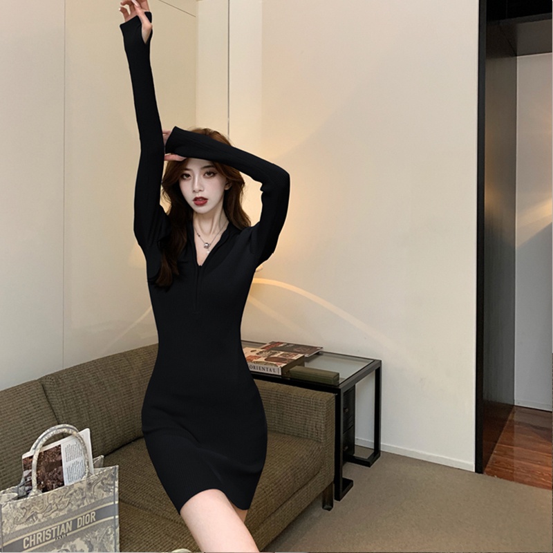 Aphrod Đầm Dệt Kim Tay Dài Dáng Ôm Cổ Cao Có Khóa Kéo Phong Cách Quyến Rũ Nóng Bỏng Cho Nữ