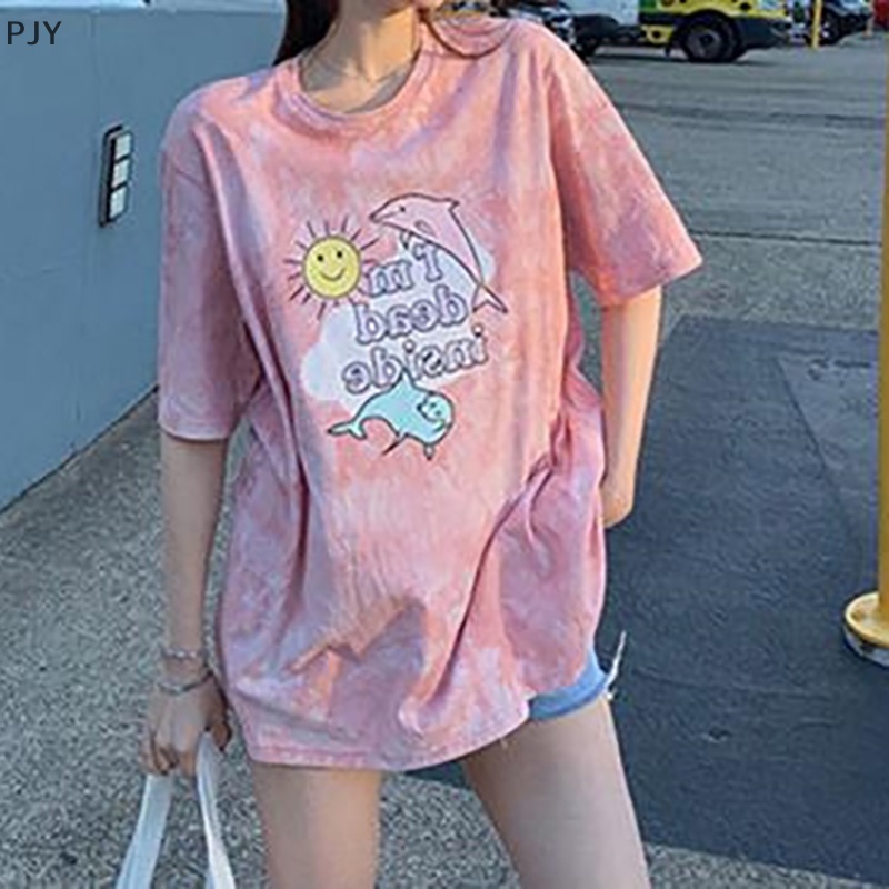 Áo Thun Ngắn Tay Cổ Tròn Dáng Rộng In Màu Nhuộm Ngọt Ngào Thời Trang Mùa Hè Cho Nữ PJ