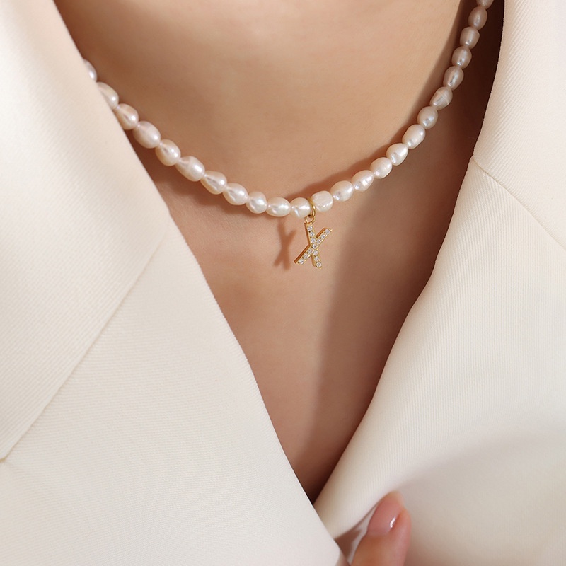 Freshwater Vòng cổ 26 Chữ Cái Khảm Đá zircon Toàn Diện Bằng Thép Titan Mạ Vàng Kim