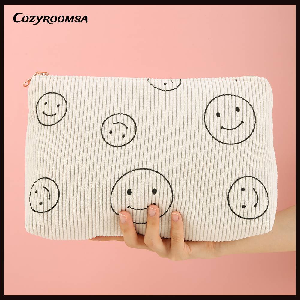 Túi Đựng Mỹ Phẩm Hai Mặt Bằng Vải Nhung Kẻ Dễ Thương Xinh Xắn