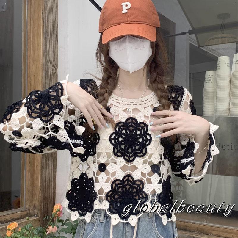 Áo Croptop Dệt Kim Tay Dài Cổ Tròn In Họa Tiết Hoa Thời Trang Xuân Hè Cho Nữ