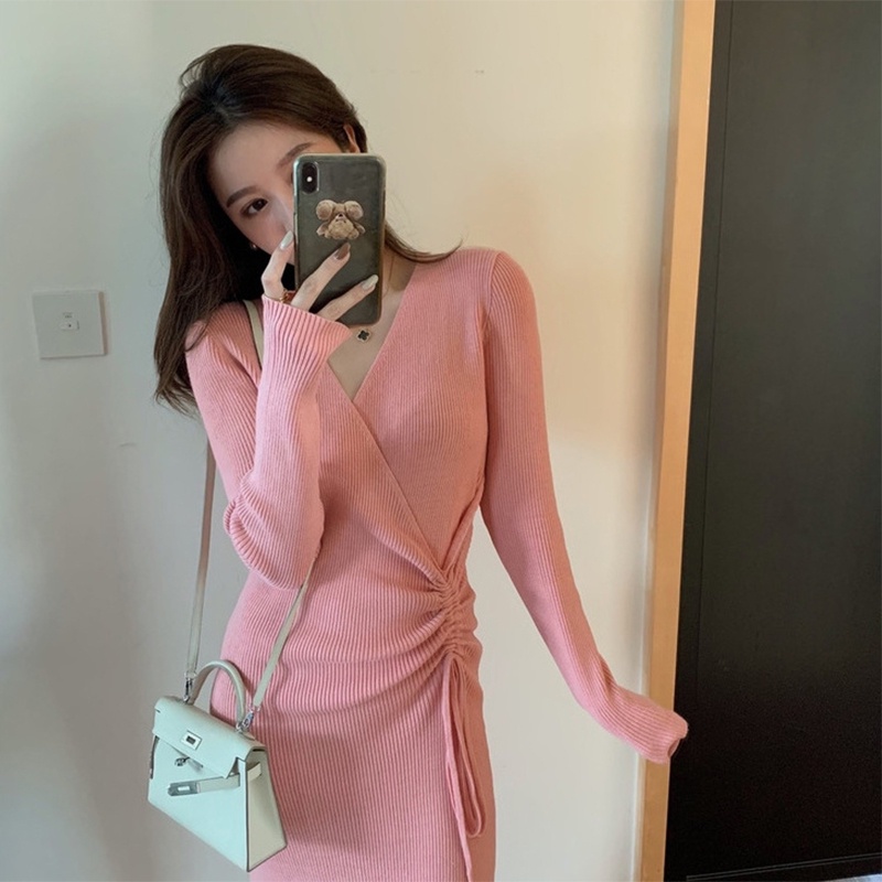 Đầm Dệt Kim Dài Tay Cổ Chữ V Thiết Kế Xẻ Tà Thời Trang Mới Cho Nữ