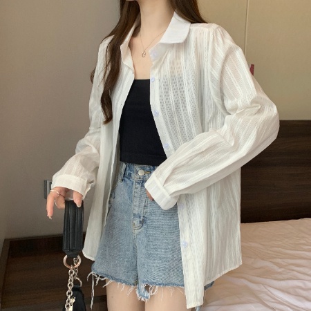 Áo Sơ Mi Trắng Tay Dài Chống Nắng Chất Liệu Cotton Phong Cách Pháp
