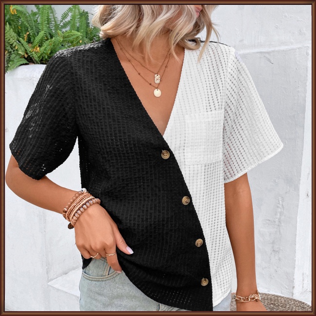 Áo Dệt Kim Tay Ngắn Cổ Chữ V Màu Sắc Tương Phản Thời Trang Cho Nữ