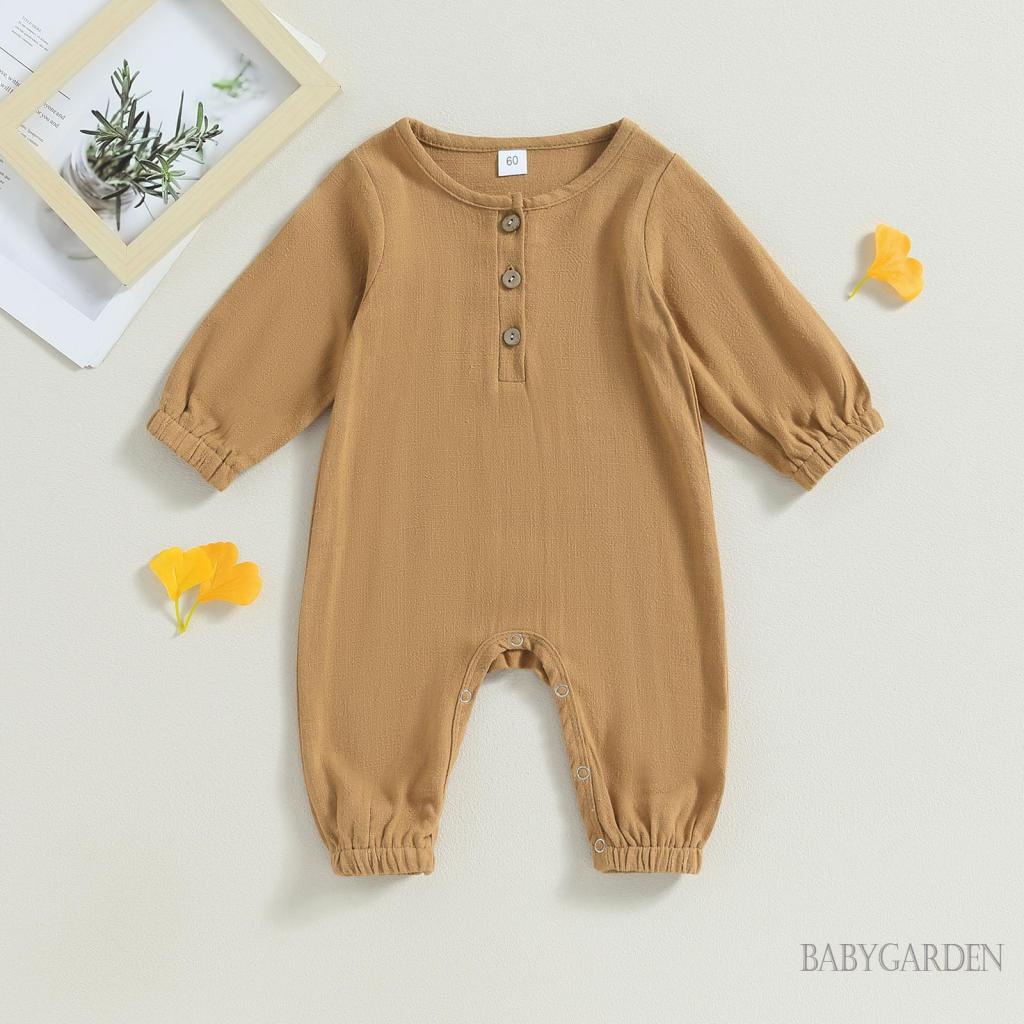 Áo Liền Quần Bằng Cotton Lanh Tay Dài Màu Sắc Dành Cho Trẻ Em 0-12 Tháng Tuổi