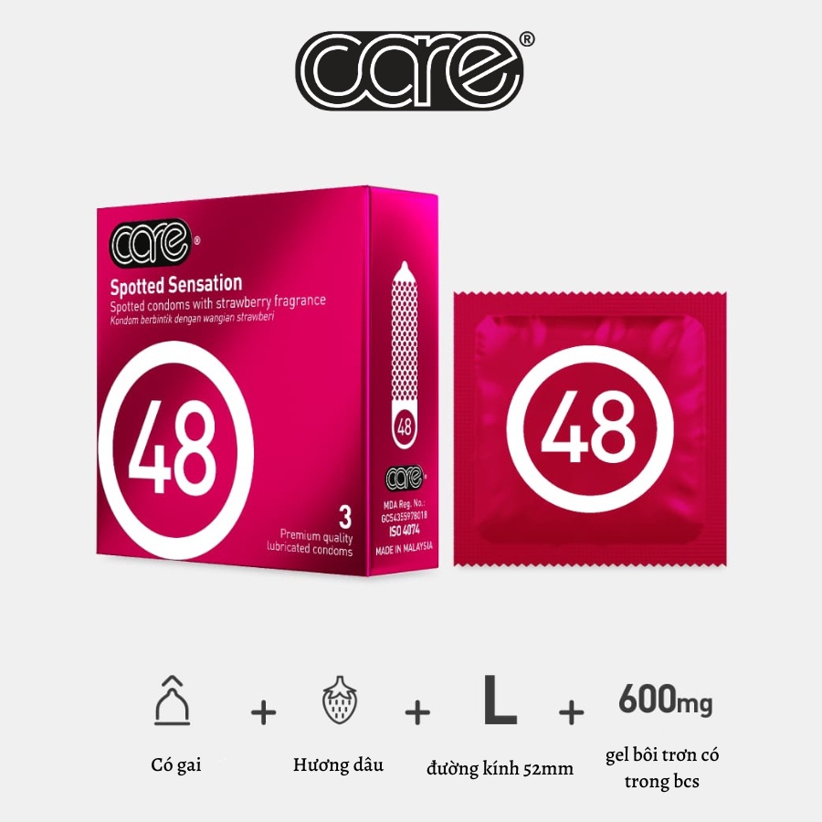 Bao cao su có gai CARE 48 mỏng, kéo dài thời gian, tăng cường gel bôi trơn hương dâu - hộp 3 bcs có gai CARELATEX HCM