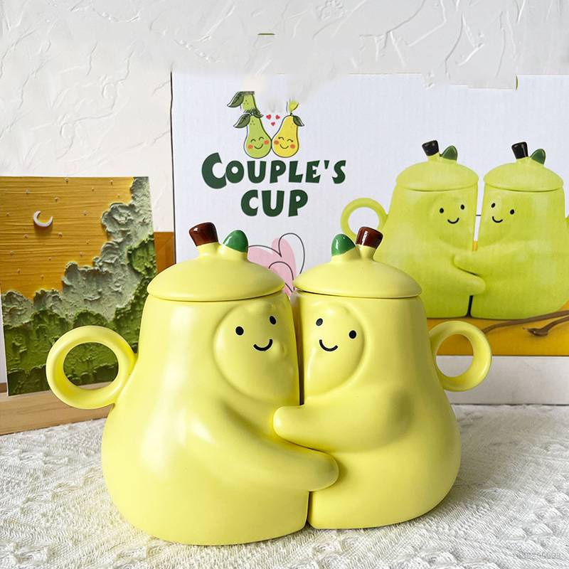 Cốc Sứ Uống Nước Có Nắp Đậy Họa Tiết Quả Lê Dễ Thương Vui Nhộn Cho Cặp Đôi