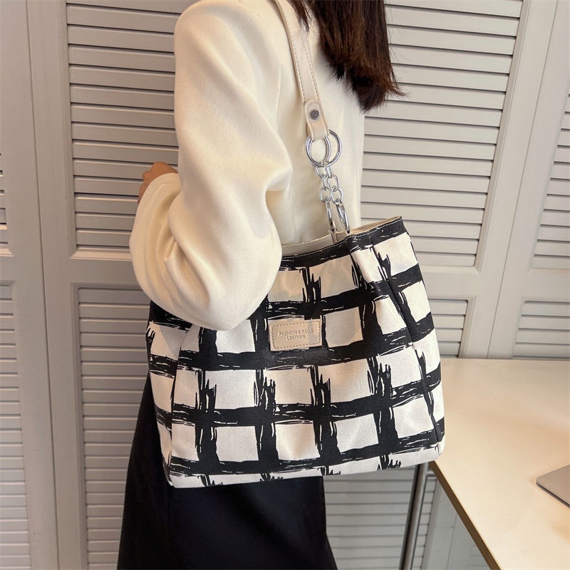 Túi Tote Đeo Vai Vải Canvas Cỡ Lớn Họa Tiết Kẻ Sọc Thời Trang Mùa Hè 2022 Mới Cho Nữ