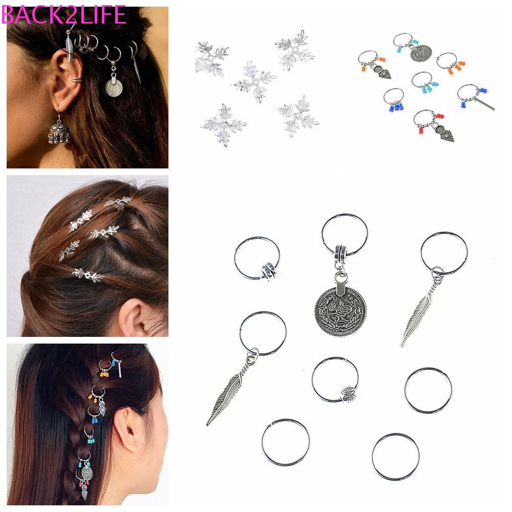 BACK2LIFE Set 5-8 Nhẫn Bện Tóc Hình Đuôi Công Bằng Hợp Kim Màu Bạc Trang Sức Dự Tiệc