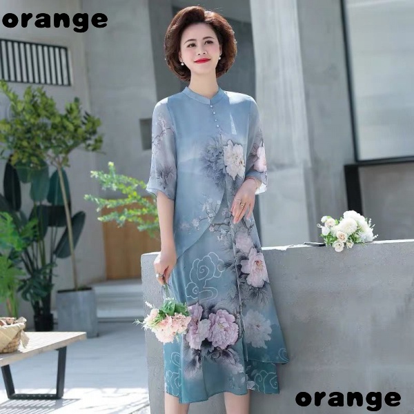 Đầm Chiffon Dài Qua Gối In Họa Tiết Thời Trang Cho Phụ Nữ Trung Niên