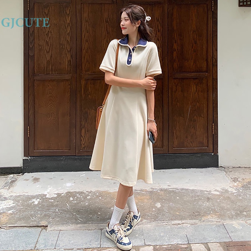 Đầm Midi Tay Ngắn Cổ Bẻ Ghép Vải Phong Cách Preppy WTD