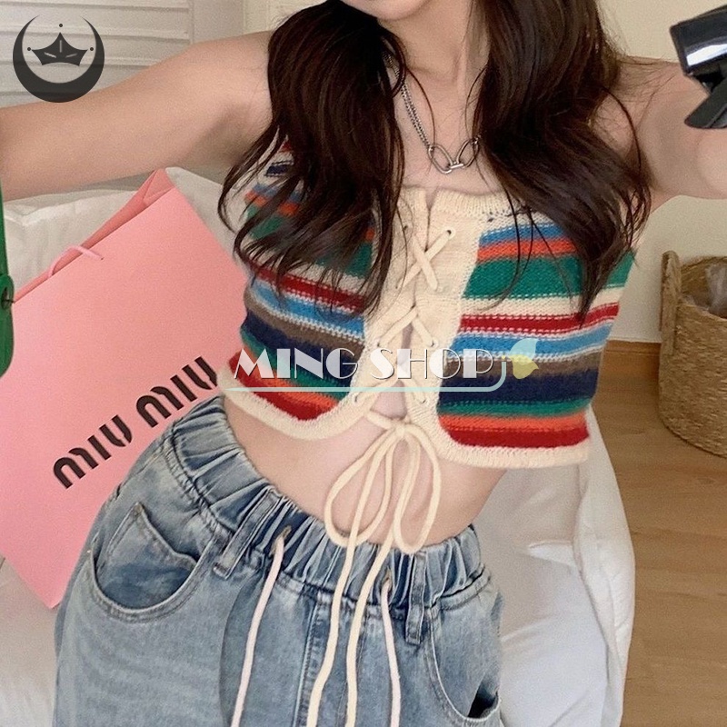 Áo Hai Dây Dệt Kim Kẻ Sọc Nhiều Màu Sắc Gợi Cảm Cho Nữ