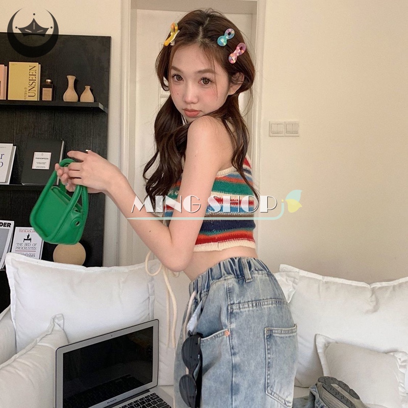 Áo Hai Dây Dệt Kim Kẻ Sọc Nhiều Màu Sắc Gợi Cảm Cho Nữ