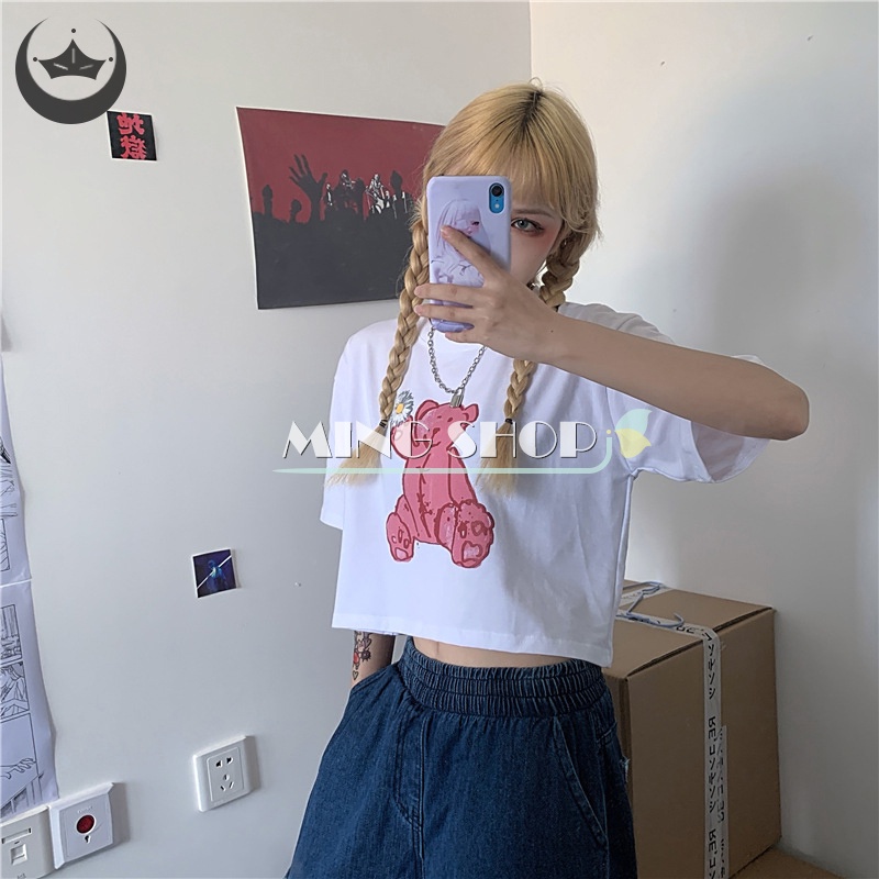 Áo Thun Crop Top Tay Ngắn Cổ Tròn In Hình Gấu Thời Trang Mùa Hè Dành Cho Nữ