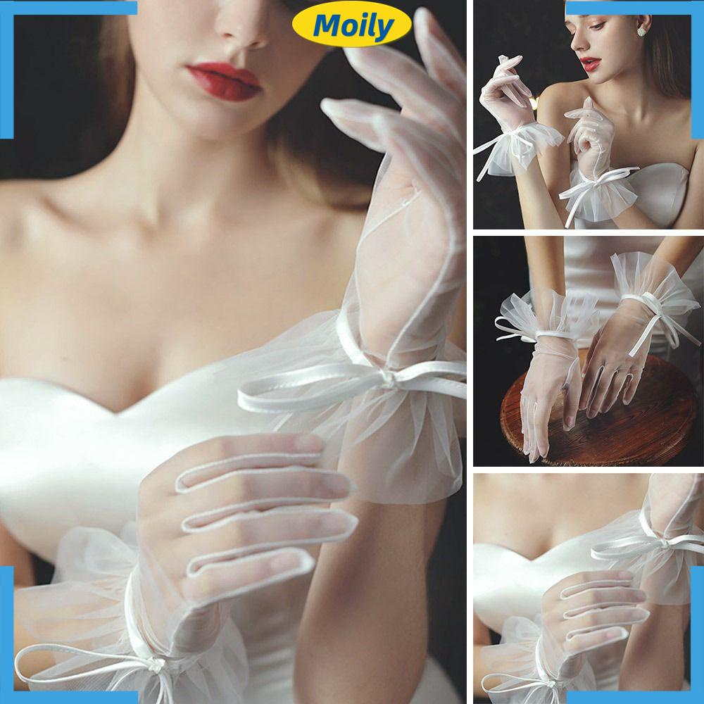 MOILYVN Găng Tay Vải Tuyn Thắt Nơ Phụ Kiện Cho Cô Dâu