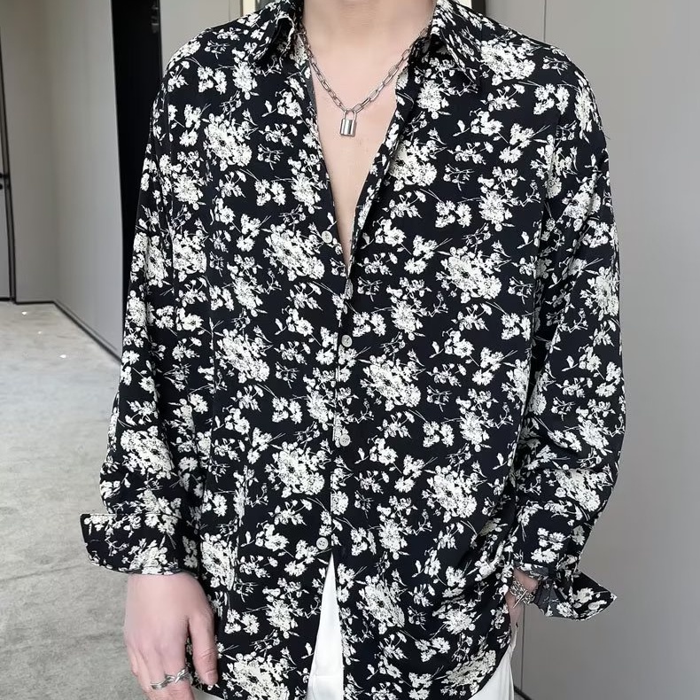 Áo Sơ Mi Nam Dài Tay Dáng Rộng In Họa Tiết Hoa Phong Cách Hàn Quốc Thời Trang Xuân Hè