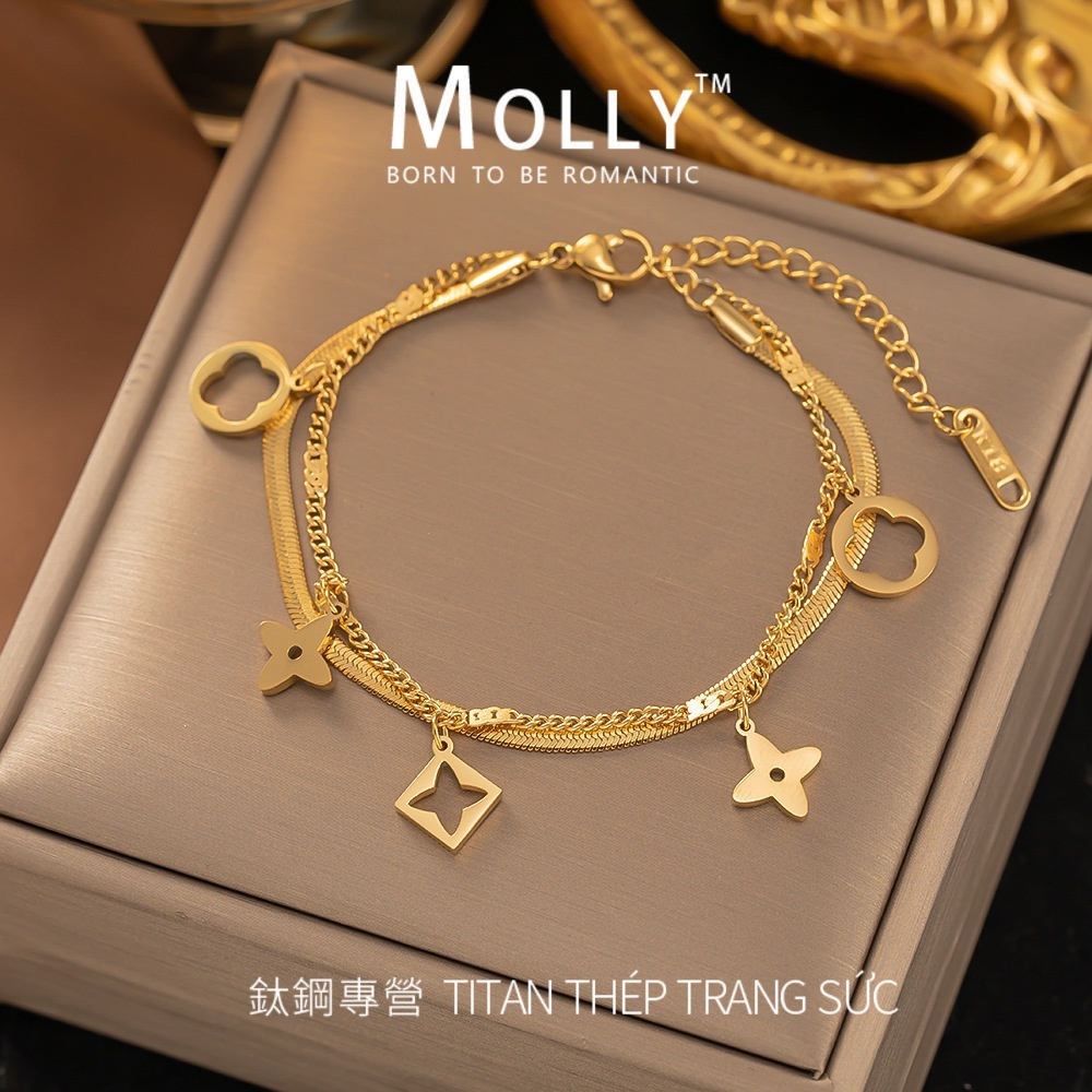 Vòng Tay Hai Lớp Bằng Thép Titan Mạ Vàng 18K Hình Cỏ Bốn Lá Không Phai Phong Cách Hàn Quốc