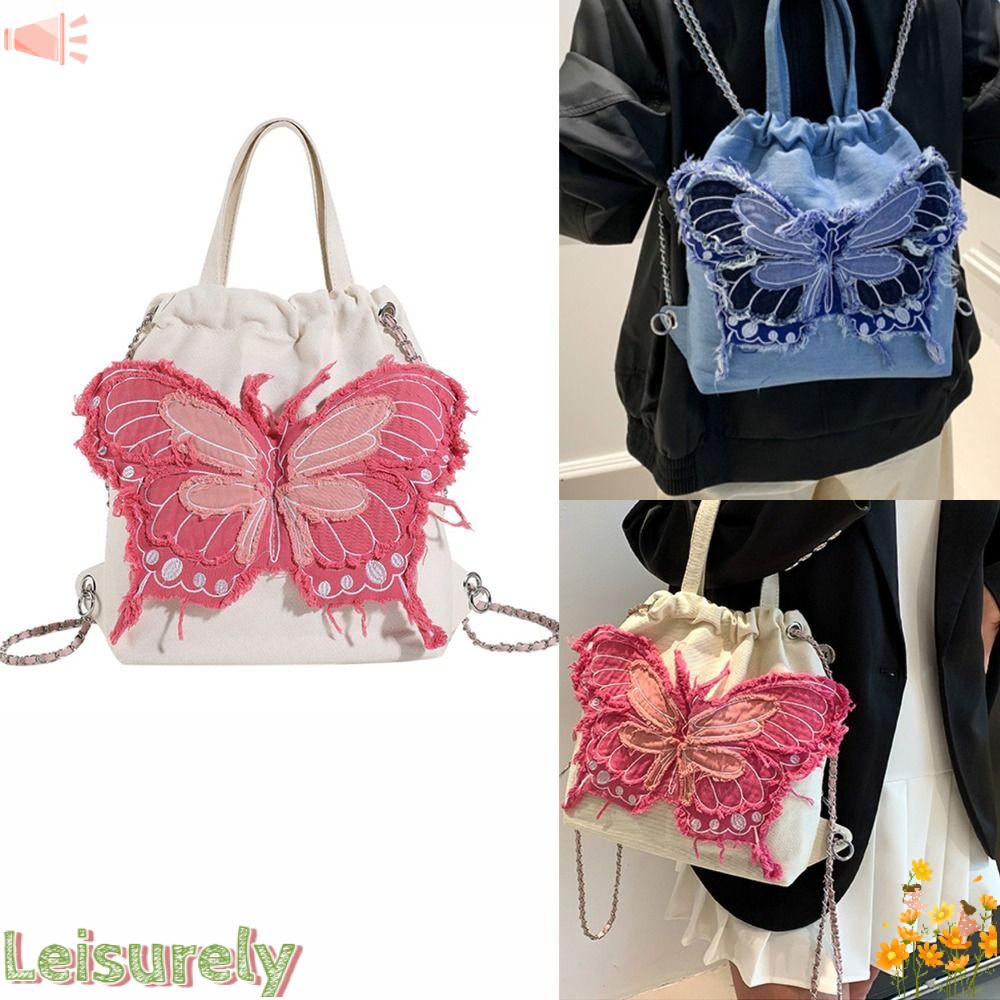 LEILY Ba Lô Đeo Vai Vải Denim Họa Tiết Bướm Sức Chứa Lớn Đa Năng Thời Trang Mùa Hè Cho Nữ