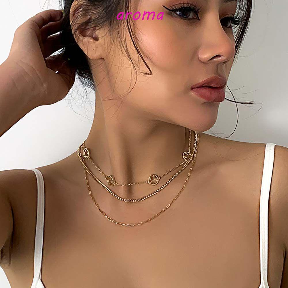AROMA Vòng Cổ Choker Nhiều Lớp Mặt Cười Hình Học Phong Cách Hàn Quốc Cho Nữ