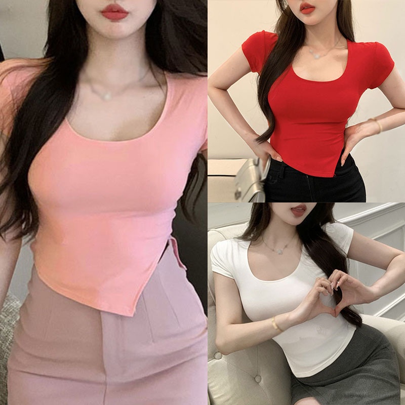 Áo Croptop Tay Ngắn Màu Sắc Thanh Lịch Cho Nữ
