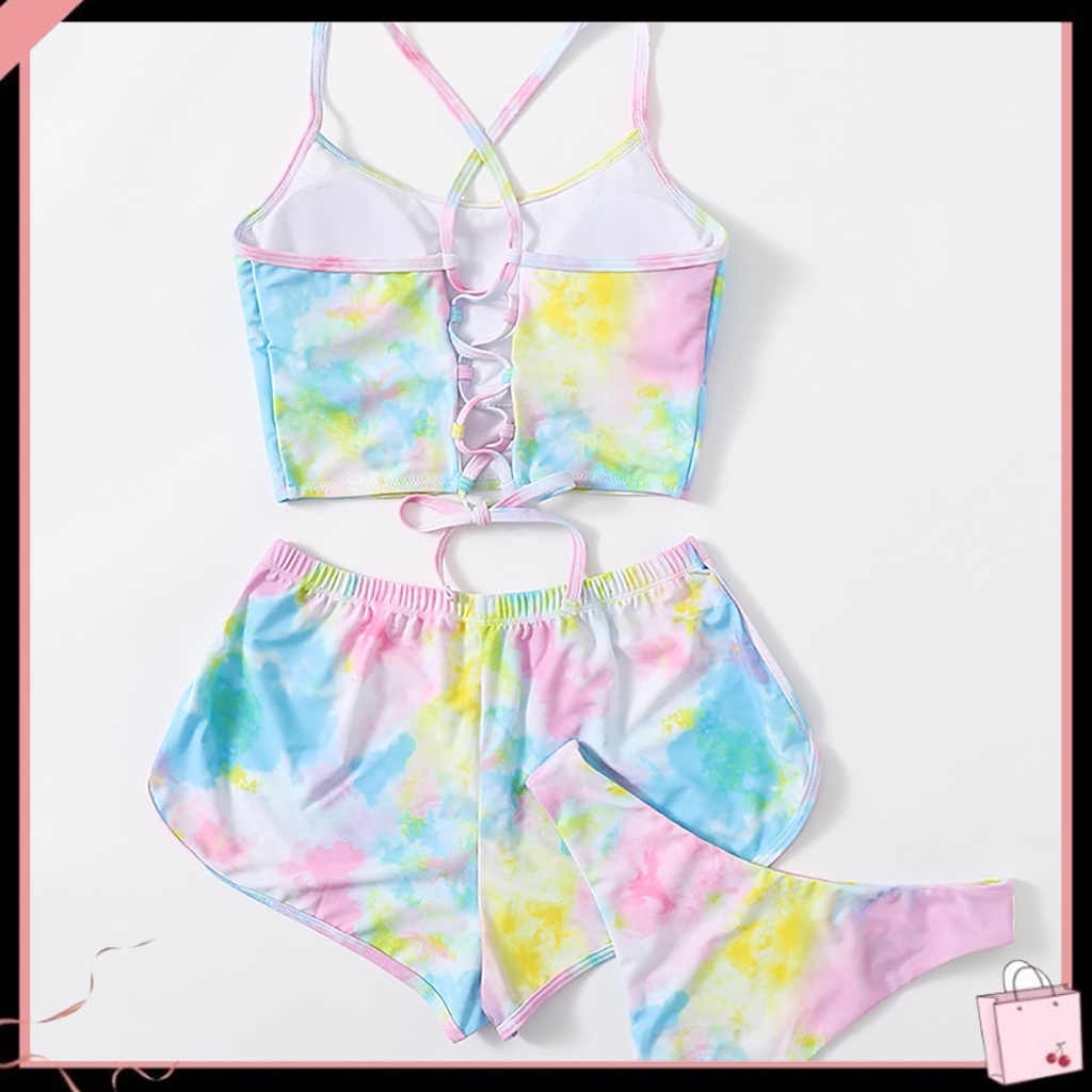 Bộ Đồ Bơi 3 Mảnh Gồm Áo Ba Lỗ + Quần Đùi Lưng Thun + Áo Nhuộm Màu Phong Cách Thể Thao Cho Nữ
