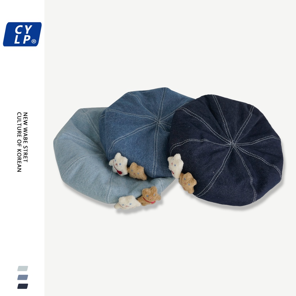 Mũ Beret Denim Họa Tiết Gấu Thời Trang Retro Nhật Bản Dành Cho Nữ