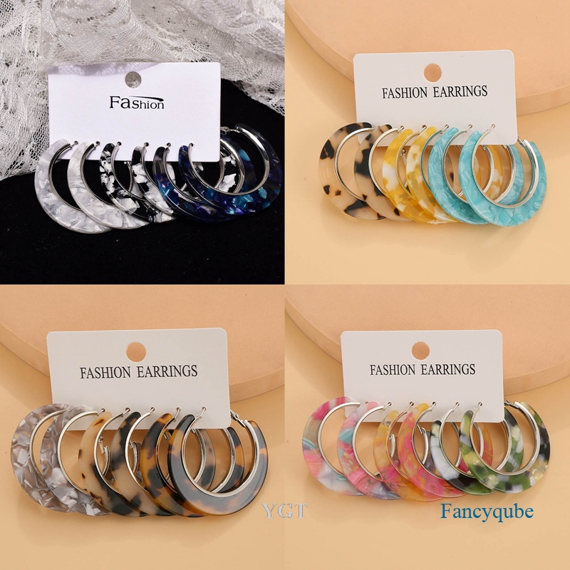 Ygt Set 3 Đôi Bông Tai Tròn Họa Tiết Da Báo Bằng Acrylic Thời Trang Cho Nữ