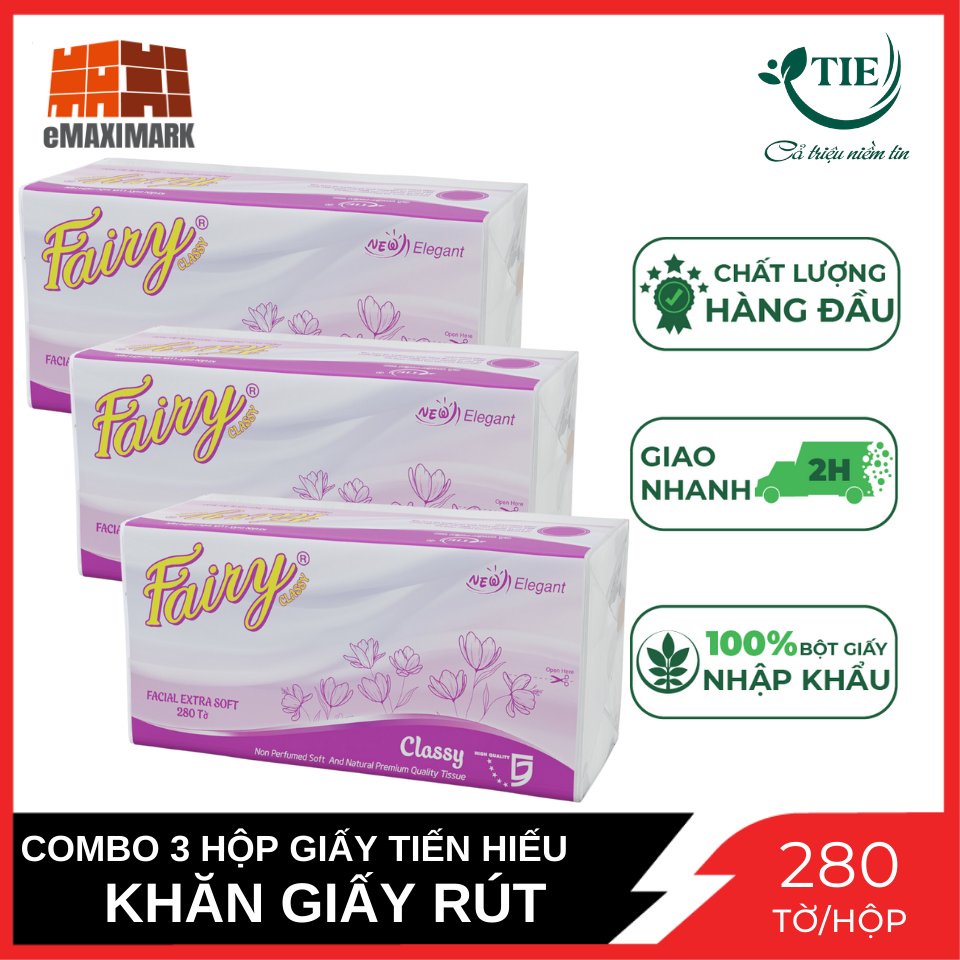 Combo 3 Gói Khăn giấy rút Fairy hồng 280 tờ 2 lớp Classy X3