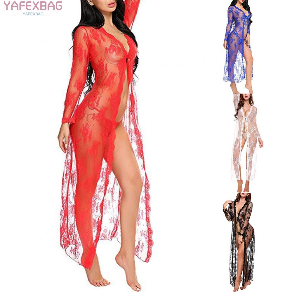 Women Sexy Lingerie Long Lace Dress Sheer See Through Kimono Robe Nightgown