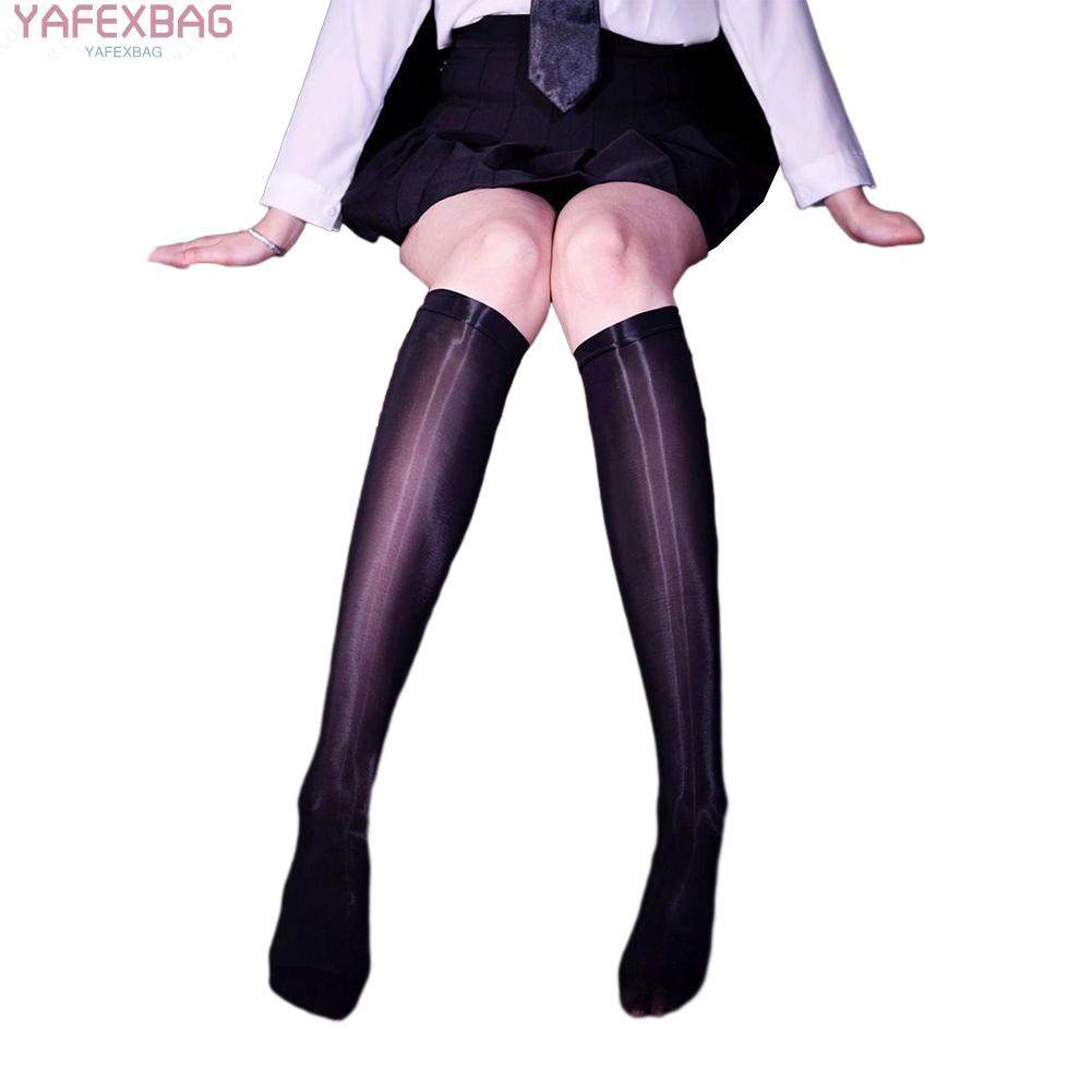 Women Oil Shiny Silky Tube Socks Summer Transparent Sheer Stockings Calf Socks