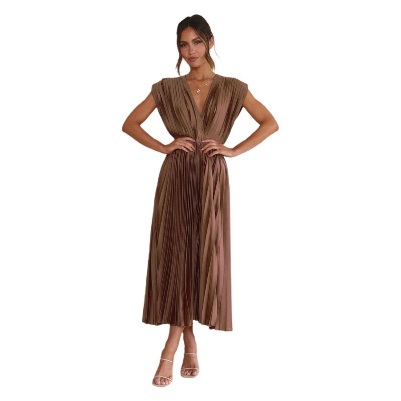 Đầm Midi Không Tay Cổ Chữ V Xếp Ly Màu Trơn Thanh Lịch Có Dây Buộc Sau Lưng