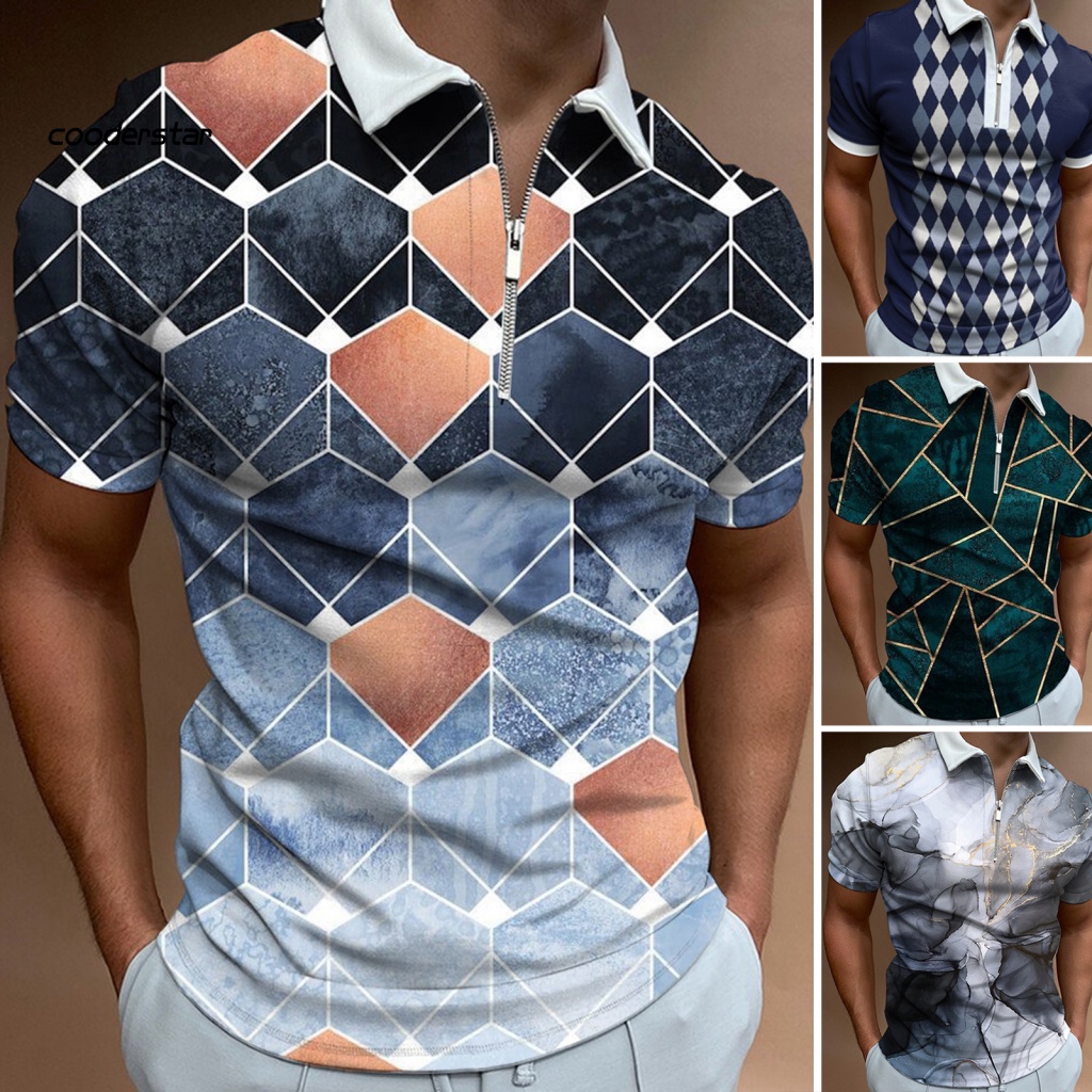 Áo Thun Tay Ngắn Cổ Bẻ Nhanh Khô Có Khóa Kéo In Họa Tiết Hình Học Thời Trang Cho Nam