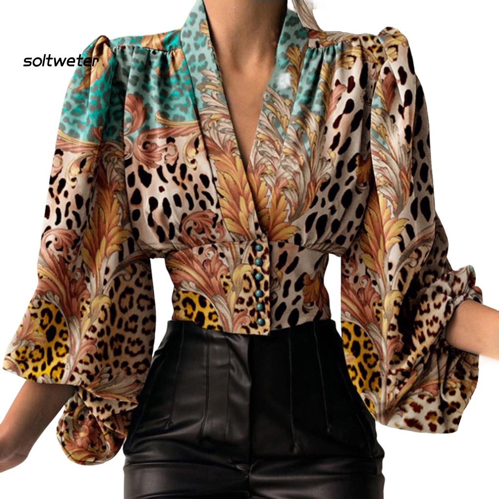 Áo Sơ Mi Croptop Tay Dài Phồng Cổ Chữ V Cài Nút In Họa Tiết Hoa Phong Cách Cổ Điển Thời Trang Cho Nữ